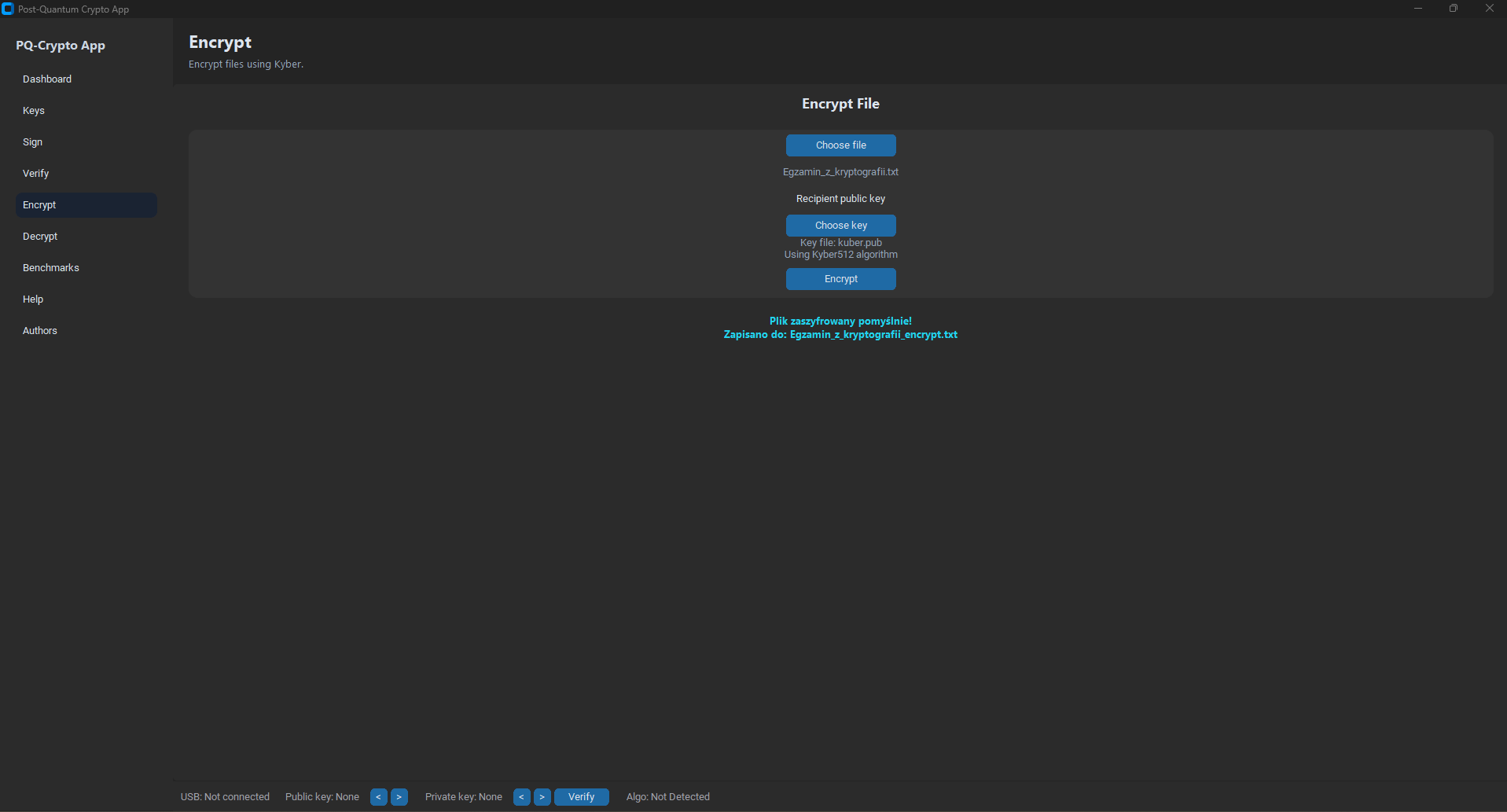 PQ-Crypto App — Encrypt screen